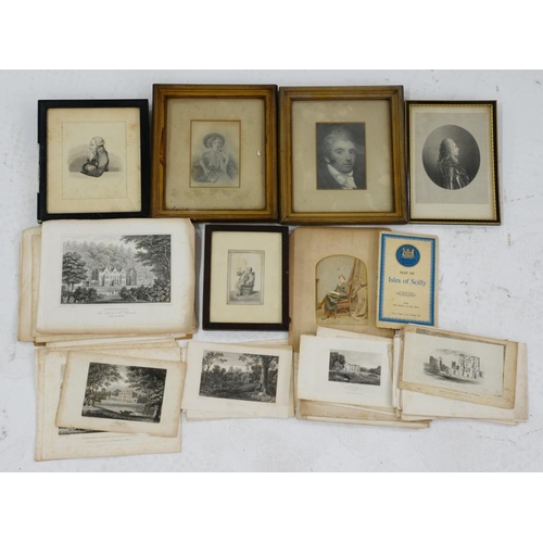 258 - A QUANTITY OF 19TH C PRINTS, DRAWINGS, EPHEMERA, ETC, SEVERAL FRAMED 