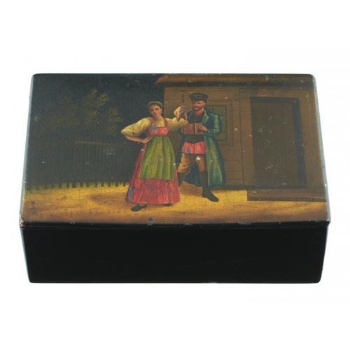 282 - A RUSSIAN LACQUERED PAPIER M�CH� BOX, VISHNYAKOV WORKSHOP, C1890, the lid painted with a woman and m... 