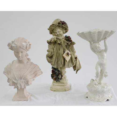 304 - AN ITALIAN GLAZED EARTHENWARE CUPID-AND-SHELL STAND, 52CM H AND TWO DECORATIVE COMPOSITION BUSTS... 