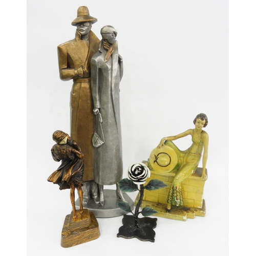 309 - AN ART DECO STYLE COMPOSITION GROUP OF A COUPLE, 63CM H AND THREE OTHER ITEMS