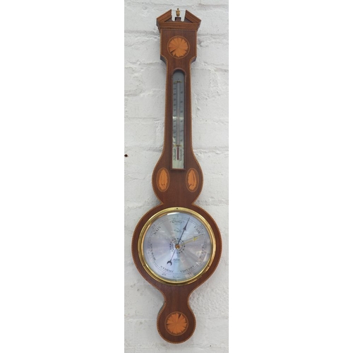 346 - AN INLAID MAHOGANY BAROMETER, THE SILVERED DIAL INSCRIBED COMITTI HOLBORN, 20TH C, 98CM H