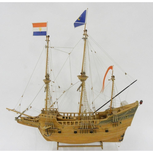 347 - A WOODEN MODEL GALLEON WITH SAILS AND RIGGING AND THREE OTHERS, 68CM AND SMALLER 