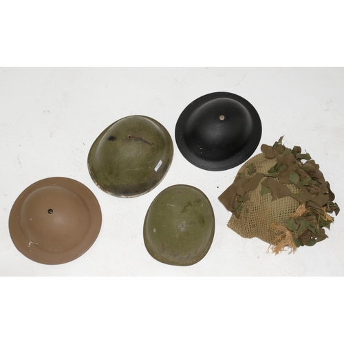 352 - MILITARIA. A U.S. WWII INFANTRY HELMET, A BRITISH ARMY INFANTRY HELMET AND THREE OTHERS 