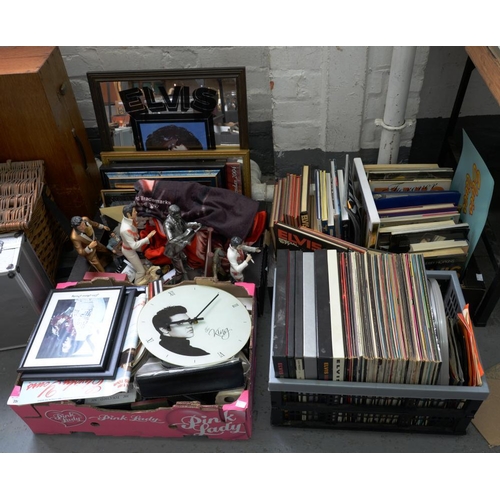 356 - ELVIS PRESLEY. A COLLECTION OF MEMORABILIA, INCLUDING LP RECORDS, BOOKS, FIGURES, CLOCKS, ETC