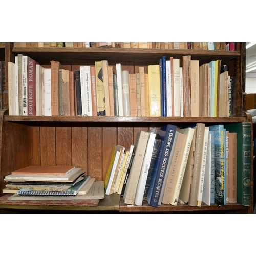 406 - FIVE SHELVES OF MISCELLANEOUS BOOKS, INCLUDING HISTORY, LITERATURE, FRENCH LANGUAGE, ETC