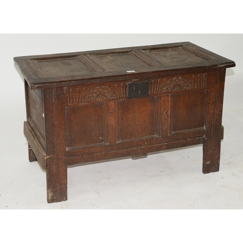 539 - AN 18TH C PANELLED OAK CHEST, 62CM H; 103 X 50CM, LATER CARVED