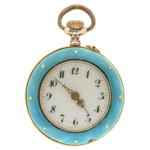 68A - A SWISS SILVER AND GILT LADY'S POCKET WATCH, TURQUOISE ENAMELLED CASE WITH GOLD STAR MOTIFS, 2.8CM D... 