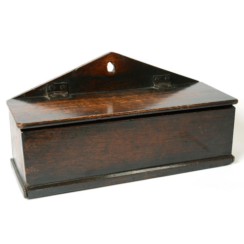 391 - A 19TH C OAK WALL HANGING CANDLE BOX, 41CM W