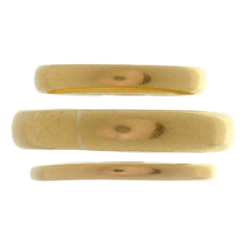 74 - THREE 22CT GOLD WEDDING RINGS, 10.8G