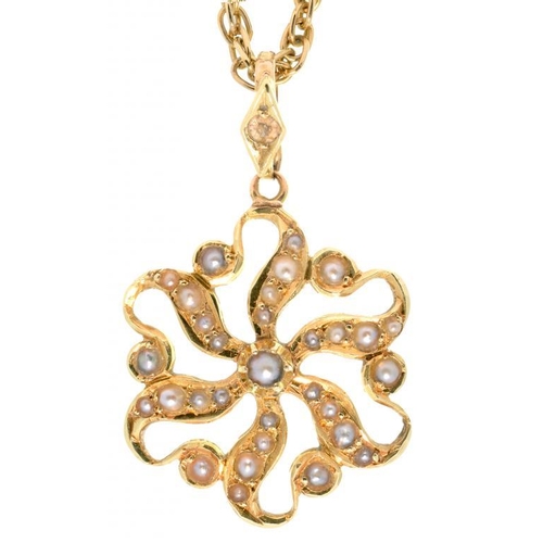 77 - A GOLD AND SPLIT PEARL OPENWORK PENDANT, MARKED 15CT, EARLY 20TH C, 2.8G AND A NECKLET