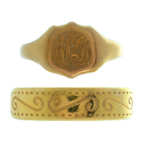 81 - AN 18CT GOLD SIGNET RING, 3.5G AND A GOLD BAND RING, UNMARKED, 3.8G