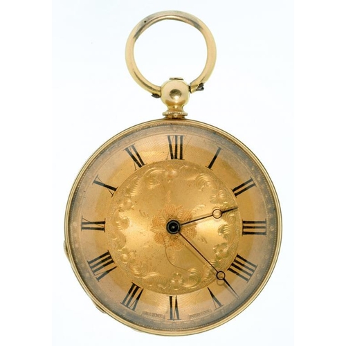 88 - A SWISS 18CT GOLD CYLINDER LADY'S WATCH WITH ENGRAVED GOLD DIAL, LATE 19TH C