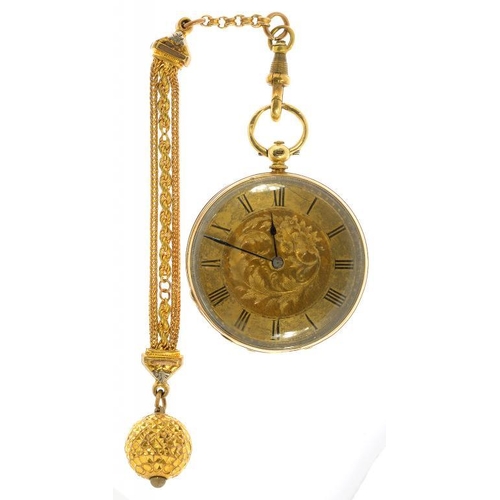 1 - A SWISS GOLD LEVER WATCH WITH ENGRAVED DIAL, IN ENGINE TURNED AND ENGRAVED CASE, MARKED 18K AND A GI... 