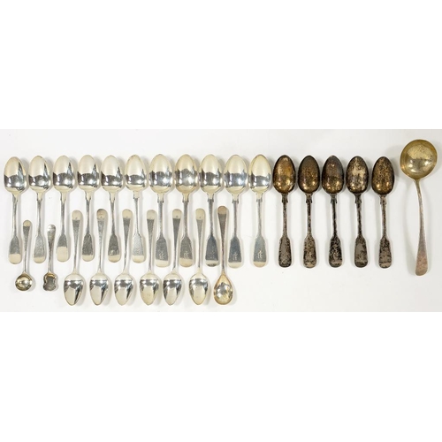 102 - MISCELLANEOUS GEORGE III AND LATER SILVER FLATWARE, PRINCIPALLY TEASPOONS, INCLUDING SEVERAL SETS, 1... 