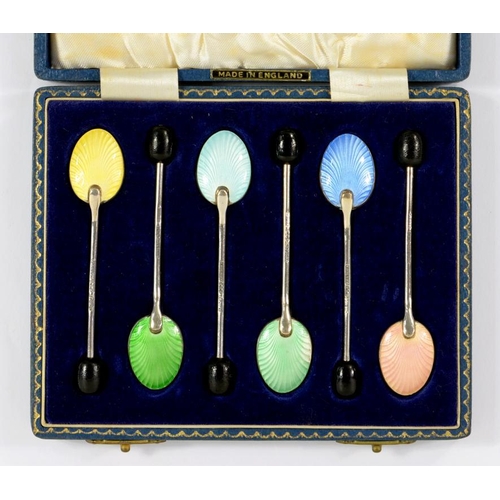 108 - A SET OF SIX ELIZABETH II SILVER AND HARLEQUIN GUILLOCHE ENAMEL COFFEE SPOONS, WITH BEAN TERMINAL, B... 