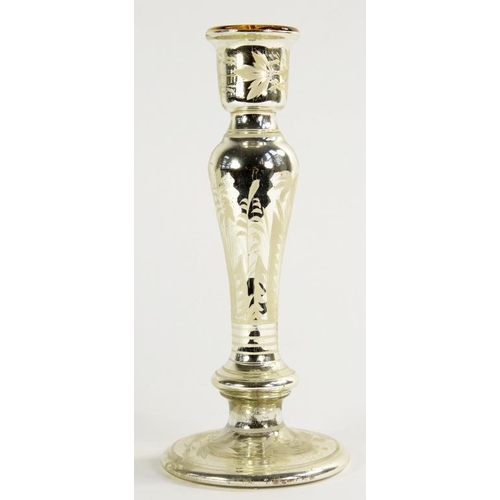 157 - A VARNISH TYPE SILVERED GLASS CANDLESTICK OF UNUSUALLY LARGE SIZE, 36CM H, 19TH C, LACKS SEAL