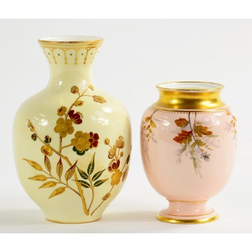 173 - TWO CROWN DERBY VASES, DECORATED IN ENAMELS AND GILT WITH NATURALISTIC FOLIAGE, ONE ON A PRIMROSE GR... 