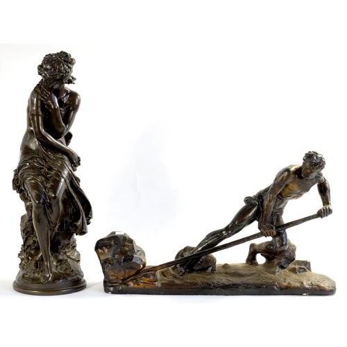 197 - A BRONZE RESIN STATUETTE OF A BACCHANTE, CAST FROM A MODEL BY MATHURIN MOREAU, 63CM H AND A BRONZE P... 