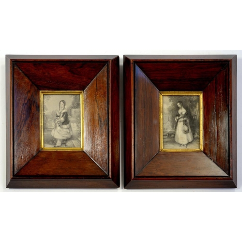 199 - A PAIR OF 19TH C MINIATURE ENGRAVINGS OF GIRLS, IN ROSEWOOD FRAMES, 29 X 25CM OVERALL