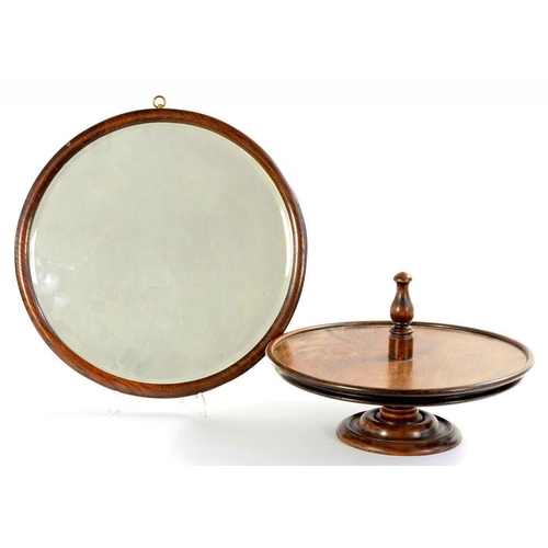 203 - A TURNED AND STAINED WOOD LAZY SUSAN, 32CM D AND A CIRCULAR OAK MIRROR