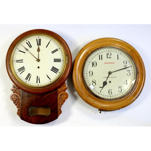 204 - A MAHOGANY DROP CASED WALL TIMEPIECE AND ANOTHER WALL TIMEPIECE, BOTH WITH PAINTED DIAL, THE SECOND ... 