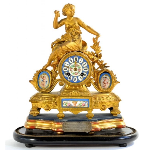 205 - A FRENCH SPELTER GILT FIGURAL MANTEL CLOCK WITH SEVRES STYLE PORCELAIN DIAL AND INSET PLAQUES PAINTE... 