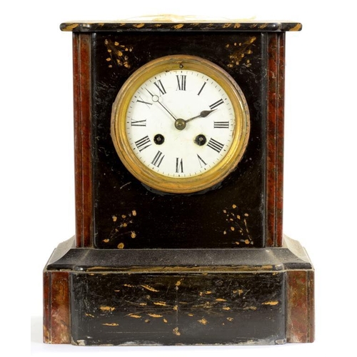 207 - A BELGIAN SLATE AND RED MARBLE MANTEL CLOCK, WITH ENAMEL DIAL AND BELL STRIKING MOVEMENT, 28CM H... 