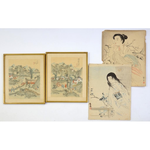 212 - TWO JAPANESE WOODBLOCK PRINTS, UNFRAMED AND TWO OTHERS