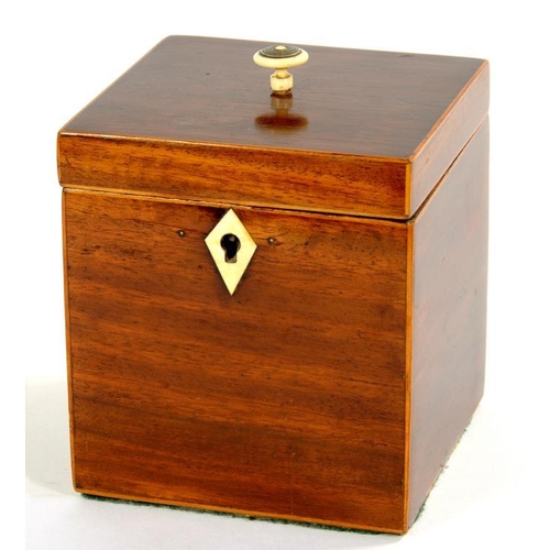 214 - A GEORGE III MAHOGANY AND LINE INLAID TEA CADDY, 10CM W