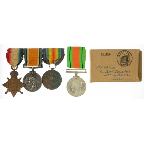 227 - WORLD WAR I. GROUP OF THREE, 1914-15 STAR, BRITISH WAR MEDAL AND VICTORY MEDAL, 21067 PTE B. ARTHUR ... 