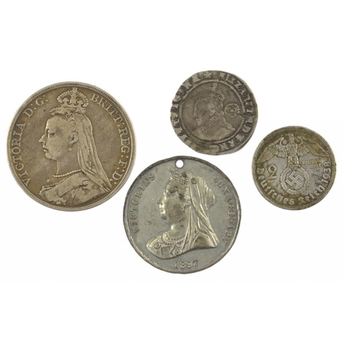 228 - ELIZABETH I, SIXPENCE 1575, CROWN 1889 AND TWO OTHER ITEMS