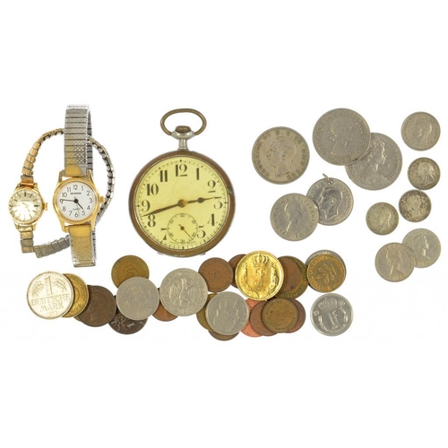 230 - A BRASS KEYLESS LEVER WATCH, TWO WRISTWATCHES AND A QUANTITY OF SILVER AND OTHER COINS