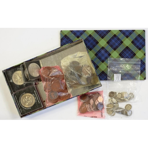 244 - MISCELLANEOUS MAINLY PRE DECIMAL ENGLISH COINS, INCLUDING A CROWN 1889, IN A BISCUIT TIN