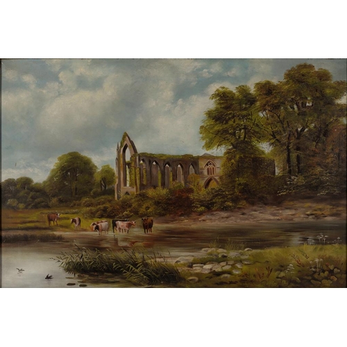 352 - ENGLISH SCHOOL, LATE 19TH C, LANDSCAPE WITH CATTLE WATERING NEAR RUINS, OIL ON CANVAS, 49 X 74.5CM... 