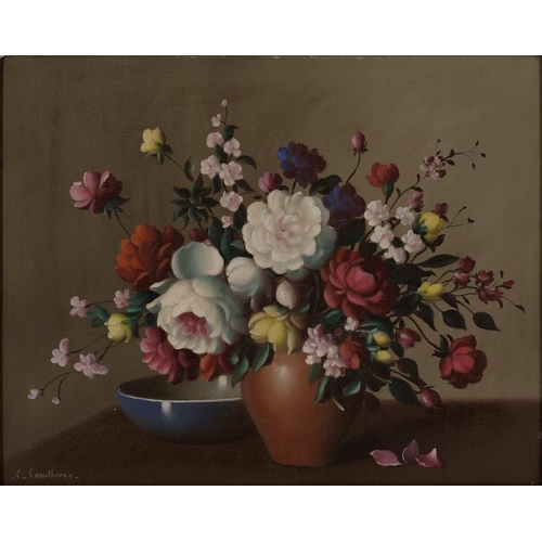 353 - CHRISTOPHER CAWTHORNE, STILL LIFE WITH ROSES AND OTHER FLOWERS IN A TERRACOTTA JAR, SIGNED, OIL ON C... 