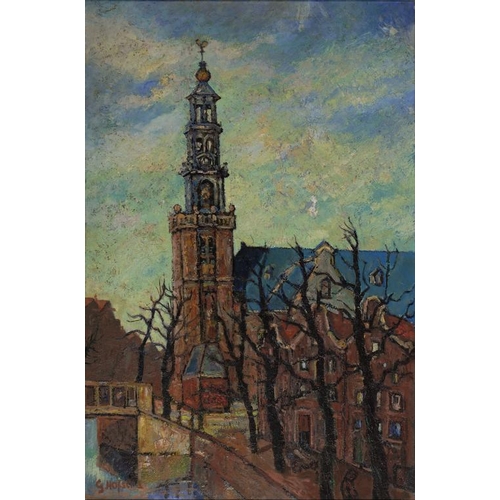 355 - G. HOFSTRA, CANAL IN A DUTCH TOWN WITH BARE TREES, SIGNED, OIL ON CANVAS, 89 X 59CM