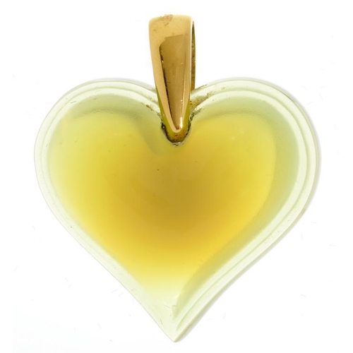 37 - A LALIQUE COLOURED GLASS HEART SHAPED PENDANT, MARKED ON LOOP