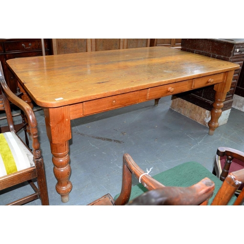 378 - A PINE KITCHEN TABLE, FITTED WITH 3 DRAWERS