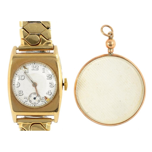 41 - A SWISS 9CT GOLD CUSHION SHAPED GENTLEMAN'S WRISTWATCH, WITH ENAMEL DIAL, ON LATER PLATED EXPANDING ... 