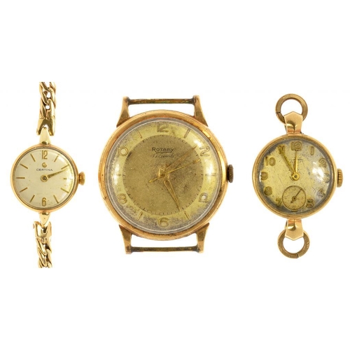 42 - A ROTARY 9CT GOLD GENTLEMAN'S WRISTWATCH, LONDON 1957 AND TWO GOLD LADY'S WRISTWATCHES