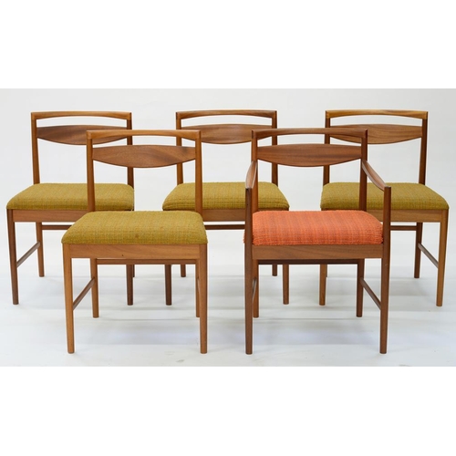 425 - A SET OF FOUR 1970'S TEAK DINING CHAIRS, WITH TRADE LABEL MC CHAIR NUMBER 9433 (1 REPAIRED) AND A SI... 