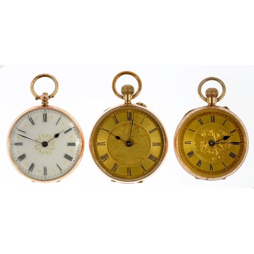 43 - THREE GOLD WATCHES, TWO WITH ENGRAVED DIAL, THE OTHER WITH AN ENAMELLED DIAL, MARKED 9K