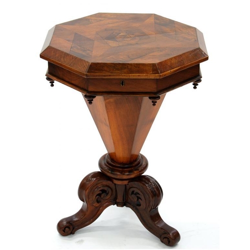 436 - A 19TH C OCTAGONAL WALNUT SEWING TABLE WITH FITTED INTERIOR AND HINGED MARQUETRY TOP, 55CM W