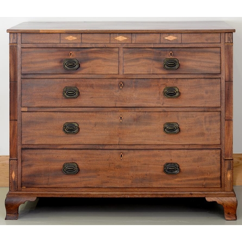 451 - A 19TH C MAHOGANY AND INLAID CHEST OF DRAWERS, WITH REEDED PILASTERS ON OGEE FEET, 122CM W