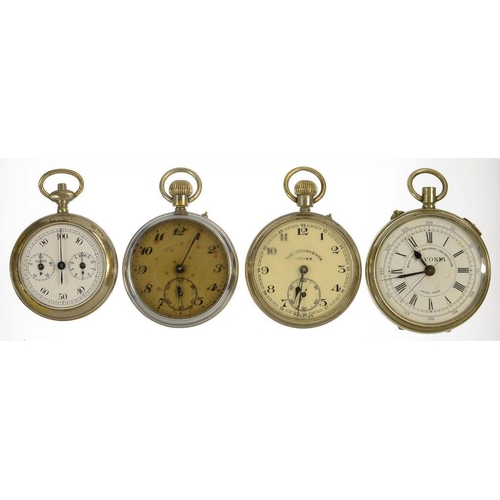 49 - A FRENCH NICKEL PLATED STOPWATCH WITH ENAMEL DIAL AND TWIN SUBSIDIARY DIALS, GLAZED BACK, C1900 AND ... 