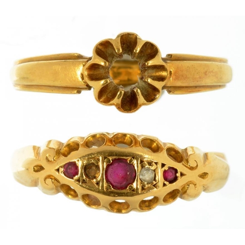 5 - A RUBY AND DIAMOND RING IN 18CT GOLD, BIRMINGHAM 1910 AND AN 18CT GOLD RING SHANK, 4.6G