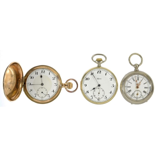 52 - A GOLD PLATED KEYLESS LEVER HUNTING CASED WATCH AND TWO OTHERS, WITH ENAMEL DIAL