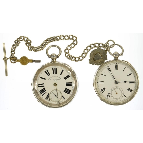 53 - A SILVER LEVER WATCH WITH ENAMEL DIAL, BIRMINGHAM 1884, A PLATED ALBERT AND ANOTHER SILVER WATCH, TH... 