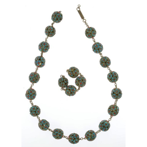 62 - A CHINESE SILVERED METAL AND COLOURED SILK NECKLACE, IN THE ORIGINAL SILK COVERED BOX, C1900