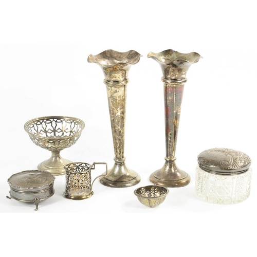 74 - A PAIR OF EDWARD VII SILVER VASES, 19.5CM H, SHEFFIELD 1908, LOADED AND MISCELLANEOUS OTHER ARTICLES... 